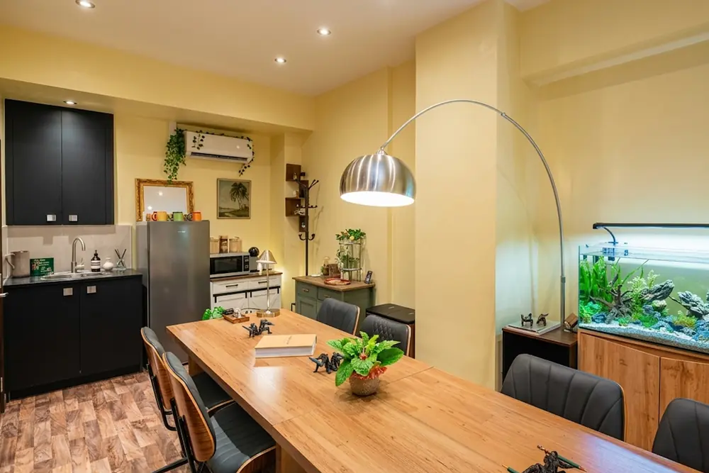 The pantry at BC Atelier — the calm kitchenette corner with warm light and modern comfort