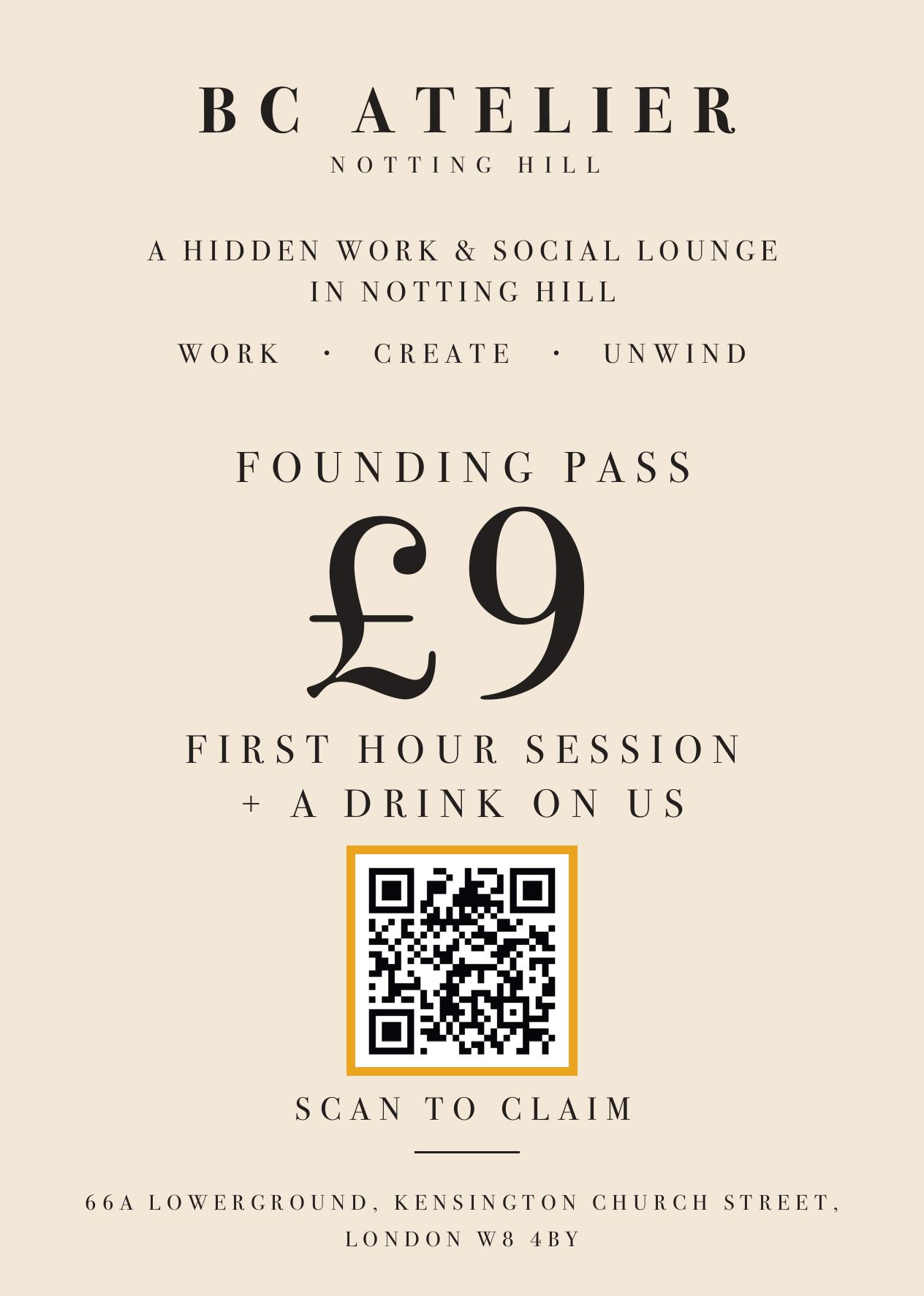BC Atelier Notting Hill Founding Pass promotional flyer with early bird pricing and QR code